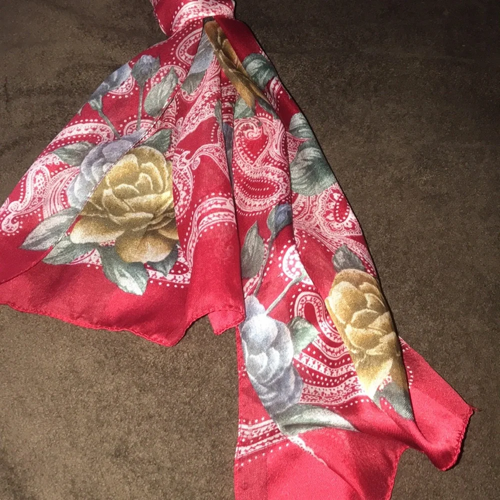 Kathie Lee Vintage Beautiful Long Red Paisley Scarf with Gold Silver and White